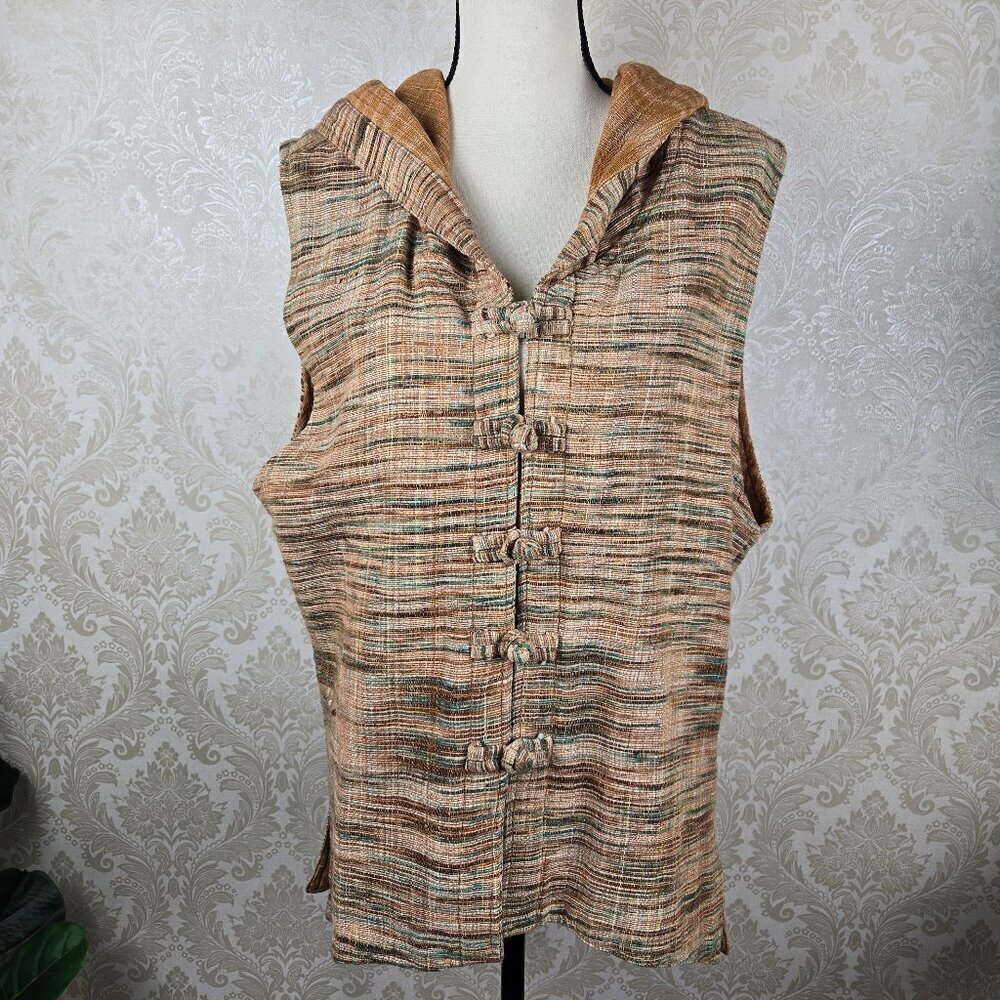 Primitive Size Medium Tan Green Cotton Vest Hood Fabric Button Frogs Stripes Vtg